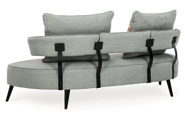 Cool takes a new shape in your living room with the Hollyann sofa. Rounding out your stylish, urban space, this piece sports a velvety soft upholstery and sleek, tapered legs. Curl up with comfort, and really turn around your home decor.Corner-blocked frame | Attached cushions | High-resiliency foam cushions wrapped in thick poly fiber | Polyester upholstery | 2 back pillows | Exposed black metal legs | Assembly required | Estimated Assembly Time: 30 Minutes