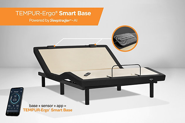 Take your sleep to the next level with the TEMPUR-Ergo Smart Base. From custom head and foot positions to an automatic snore detection and response feature, this innovative base helps you sleep smarter. TEMPUR-Ergo's innovative sleep system tracks and responds to you and your partner, sharing what it learns along the way with an easy-to-use app. Its QuietMode™ can help relieve snoring by gently tilting your mattress to an anti-snore position. The base's zero-gravity preset takes the pressure off your back while you sleep–elevating your head and feet to simulate weightlessness. And with two-zone massage, you can unwind with soothing, gentle vibrations.Head and foot lift | Two-zone massage | Under-bed lighting | Sleeptracker® AI sensors detect snoring and gently tilt your mattress to an anti-snore position    | Zero clearance; 4-way adjustable legs  | USB ports | Zero-gravity preset takes pressure off your back while you sleep | Wireless remote control with presets | Expert analytics and personalized coaching through companion smartphone app  | Smart-home compatibility with voice control | Lift capacity 700 lbs. | 3-year full, 5-year parts, 25-year frame warranty