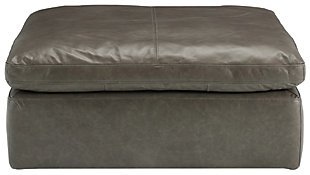 Talk about keeping it real. Wrapped in genuine leather for an incomparable feel, the clean-lined and contemporary Alabonson ottoman indulges you with luxury at such an enticing price. As if its all-leather upholstery wasn’t enough, this designer ottoman tantalizes with a thick cushion filled with a special feather-fiber blend which encases a foam core for pillowy plushness. And the distressed concrete gray leather? Perfect for a cool, kicked-back vibe.
Corner-blocked frame | Firmly cushioned | Cushion with feather/fiber blend encasing a foam core | Leather upholstery | Distressed concrete gray is right on trend