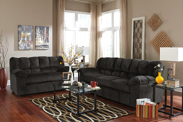 Between the contemporary design and sumptuous comfort, it’s easy to fall in love with the Julson sofa. Divided bustle design and puckered stitching meld support and style, while velvety upholstery simply delights the senses. Thick pillow top armrests take decadence over the top.Corner-blocked frame | Attached back and loose seat cushions | High-resiliency foam cushions wrapped in thick poly fiber | Exposed feet with faux wood finish | Excluded from promotional discounts and coupons