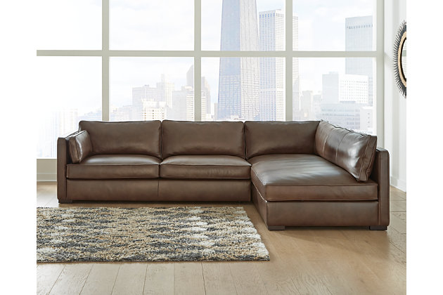 When it comes to head-turning looks and a high-quality feel, the Kiessel sectional in chocolate brown is sure to whet your appetite. Because only the best will do for you, this decidedly contemporary sectional is covered in genuine leather for your pleasure. The sectional’s low-profile back, deep chaise and prominent stitched detailing lend a casually cool sensibility. And for that much more comfort: back and seat foam cushions with a special feather-fiber blend.Includes 2 pieces: right-arm facing corner chaise and left-arm facing sofa | "Left-arm" and "right-arm" describe the position of the arm when you face the piece | Corner-blocked frame | Zippers keep chaise cushion from sliding  | Cushions are constructed with a special feather-fiber blend encasing a foam core | Leather upholstery | Semi-attached back cushions | Loose arm bolster pillows included | Exposed feet with faux wood finish | Estimated Assembly Time: 35 Minutes