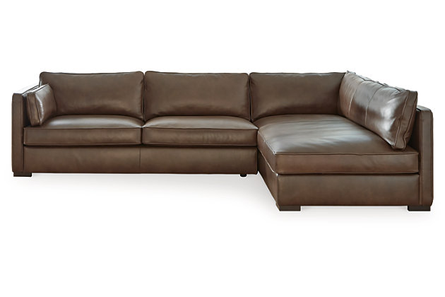 When it comes to head-turning looks and a high-quality feel, the Kiessel sectional in chocolate brown is sure to whet your appetite. Because only the best will do for you, this decidedly contemporary sectional is covered in genuine leather for your pleasure. The sectional’s low-profile back, deep chaise and prominent stitched detailing lend a casually cool sensibility. And for that much more comfort: back and seat foam cushions with a special feather-fiber blend.Includes 2 pieces: right-arm facing corner chaise and left-arm facing sofa | "Left-arm" and "right-arm" describe the position of the arm when you face the piece | Corner-blocked frame | Zippers keep chaise cushion from sliding  | Cushions are constructed with a special feather-fiber blend encasing a foam core | Leather upholstery | Semi-attached back cushions | Loose arm bolster pillows included | Exposed feet with faux wood finish | Estimated Assembly Time: 35 Minutes