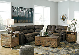 With plush cushions and wraparound pillow top arms, the Tambo sectional takes comfort to a whole new level. Faux vintage leather requires minimal care, making this relaxation station ideal in homes with children and pets. Reclining feature engages with the pull of a tab, putting pleasure at your fingertips.Includes 2 pieces: left-arm facing reclining loveseat and right-arm facing reclining loveseat | "Left-arm" and "right-arm" describe the position of the arm when you face the piece | Corner-blocked frame with metal reinforced seats | High-resiliency foam cushions wrapped in thick poly fiber | Polyester/polyurethane upholstery | Dual-sided recliners; right-arm facing loveseat with center storage console and 2 cup holders | Pull tab reclining motion | Estimated Assembly Time: 5 Minutes