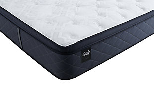Drift off to comfortably cool, soft slumber on the Sealy Surrey Lane II SFT EPT twin mattress. It features trusted motion-reducing encased coils and an exclusive CoreSupport™ center. The DuraFlex™ Coil Edge increases durability, MoistureProtect™ helps keep you cool, and Surface-Guard Technology™ keeps the mattress protected. Available in a Euro pillow top soft.ComfortLoft™ cover with MoistureProtect™ and AllergenProtect™ | Quilt: FlameGuard™ fiber, 2" x 0.5" SealyComfort soft foam, CoreSupport™ Center with 0.5" SealyComfort gel foam | Comfort layers: 2" SealySupport soft foam, 1.5" SealySupport firm foam, 0.5" SealyComfort gel memory foam | 4 vertical handles | Sealy StabilityPlus™ innerspring | 911 coil count | DuraFlex™ Coil Edge | 1" SealySupport firm foam base | 15" profile
