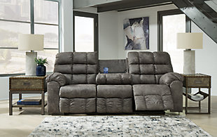 Derwin Reclining Sofa with Drop Down Table, Concrete, rollover