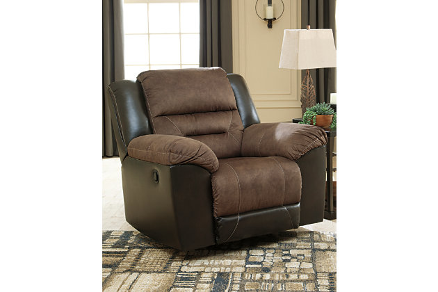 Every day is a good day with the Earhart rocker recliner around. Take a load off and forget your worries as you ease back into the luxurious feel of suede-like fabric. Faux leather covers the outside parts for an elevated look. Need more comfort and support for your body? Cue the deep seating and tall back. Contrast jumbo stitching adds an element of style to the cushions.Corner-blocked frame with metal reinforced seat | Attached back and seat cushions | Pull tab reclining motion | High-resiliency foam cushions wrapped in thick poly fiber | Polyester/polyurethane interior upholstery; vinyl/polyester/polyurethane exterior upholstery | Estimated Assembly Time: 15 Minutes