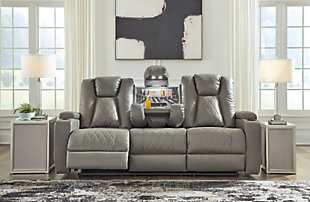 Mancin Reclining Sofa with Drop Down Table, Gray, rollover