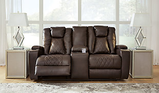 Mancin Reclining Loveseat with Console, Chocolate, rollover