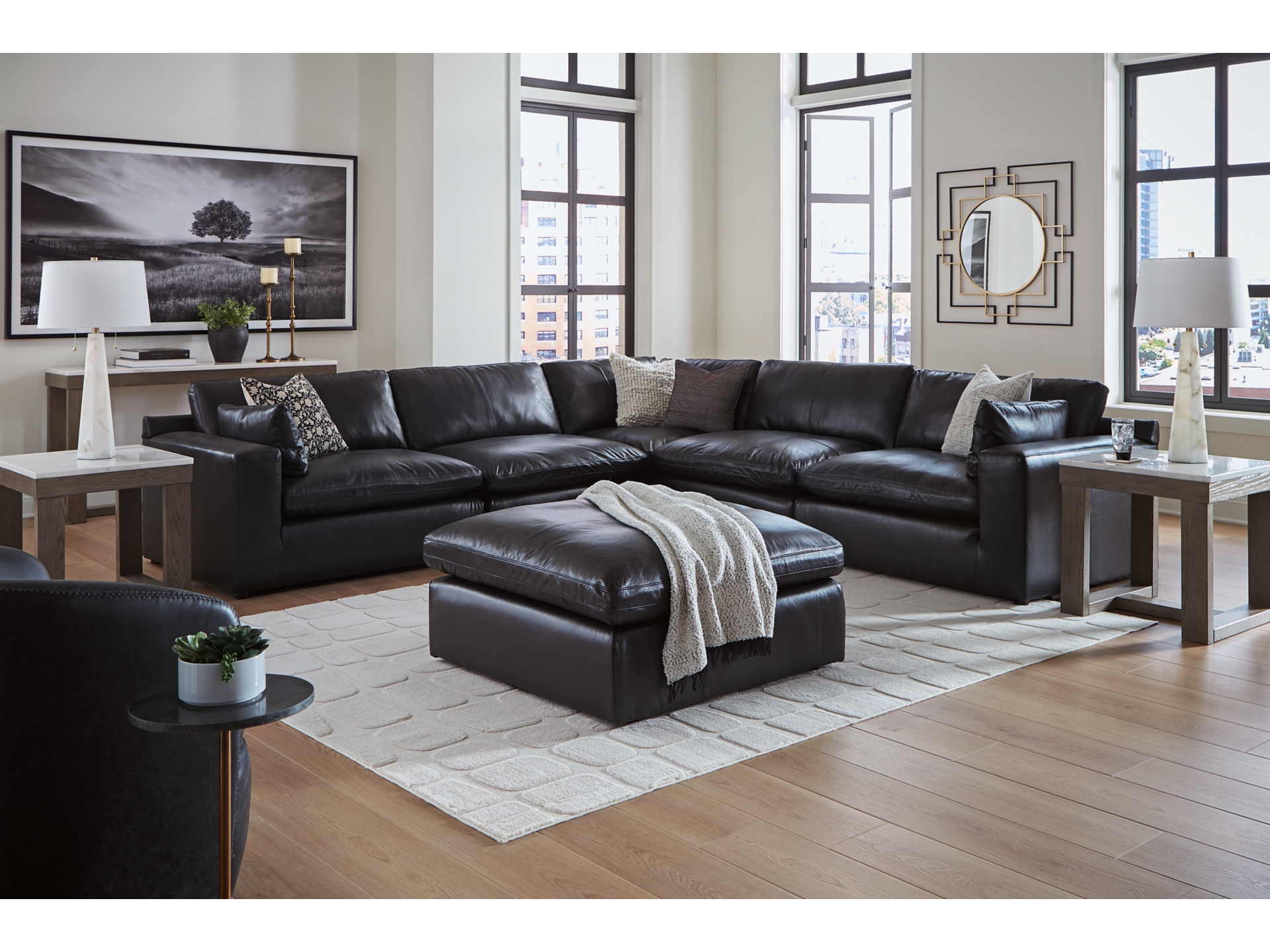 Emilia 5-Piece Leather Modular Sectional Black 