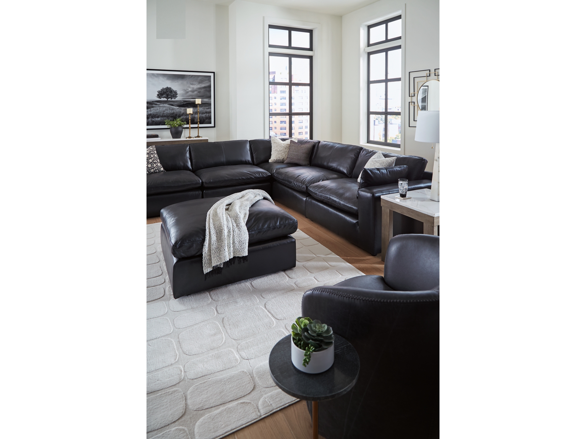 Image 1 of Emilia 5-Piece Leather Modular Sectional Black 