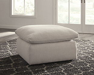 After supporting you all day, your feet deserve a break. Rest them on the Savesto oversized accent ottoman. Cottony soft fabric in dreamy ivory hue brightens up your space. Be unapologetically selfish and sprawl out on its generous scale. And with the feather-filled cushion, positively plush comfort is within reach.Corner-blocked frame | Cushion with feather blend insert | Polyester upholstery | Exposed feet with faux wood finish