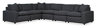 Looking comfortable. Feeling comfortable. That’s what modern farmhouse living is all about. What better way to embrace the modern farmhouse trend than with the Savesto sectional in charcoal gray. As casually cool as they are luxurious, the sectional’s reversible back and seat cushions are feather filled and wrapped in a cottony soft fabric for cloud-like comfort. Crisp, clean lines and track arm styling simply work.Includes 6 pieces: 3 armless chairs, left-arm facing corner chair, right-arm facing corner chair and wedge | "Left-arm" and "right-arm" describe the position of the arm when you face the piece | Corner-block frame | Loose feather-blend cushions | 3 toss pillows included | Pillows with feather-blend inserts | Polyester upholstery and pillows | Exposed feet with faux wood finish | Estimated Assembly Time: 15 Minutes