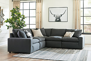 Looking comfortable. Feeling comfortable. That’s what modern farmhouse living is all about. What better way to embrace the modern farmhouse trend than with the Savesto sectional in charcoal gray. As casually cool as they are luxurious, the sectional’s reversible back and seat cushions are feather filled and wrapped in a cottony soft fabric for cloud-like comfort. Crisp, clean lines and track arm styling simply work.Includes 5 pieces: 2 armless chairs, left-arm facing corner chair, right-arm facing corner chair and wedge | "Left-arm" and "right-arm" describe the position of the arm when you face the piece | Corner-block frame | Loose feather-blend cushions | 3 toss pillows included | Pillows with feather-blend inserts | Polyester upholstery and pillows | Exposed feet with faux wood finish | Estimated Assembly Time: 15 Minutes