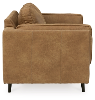 The Maimz loveseat is mid-century revival done to perfection. Linear and minimalistic, the beautifully edited profile has all the retro elements you love, like sheltering arms, bolster pillows and tapered splayed legs. So casually cool, the caramel faux leather upholstery brings the look right into the present.Corner-blocked frame | Reversible back and seat cushions | High-resiliency foam cushions wrapped in thick poly fiber | Polyester/polyurethane (faux leather) upholstery | Attached arm bolster pillows | Pillows with soft polyfill | Tapered splayed legs | Platform foundation system resists sagging 3x better than spring system after 20,000 testing cycles by providing more even support | Smooth platform foundation maintains tight, wrinkle-free look without dips or sags that can occur over time with sinuous spring foundations