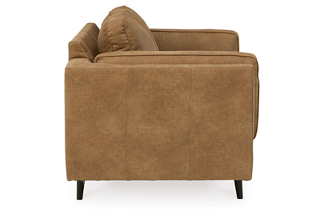 The Maimz loveseat is mid-century revival done to perfection. Linear and minimalistic, the beautifully edited profile has all the retro elements you love, like sheltering arms, bolster pillows and tapered splayed legs. So casually cool, the caramel faux leather upholstery brings the look right into the present.Corner-blocked frame | Reversible back and seat cushions | High-resiliency foam cushions wrapped in thick poly fiber | Polyester/polyurethane (faux leather) upholstery | Attached arm bolster pillows | Pillows with soft polyfill | Tapered splayed legs | Platform foundation system resists sagging 3x better than spring system after 20,000 testing cycles by providing more even support | Smooth platform foundation maintains tight, wrinkle-free look without dips or sags that can occur over time with sinuous spring foundations