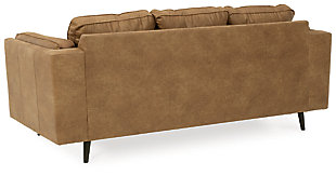 The Maimz sofa is mid-century revival done to perfection. Linear and minimalistic, the beautifully edited profile has all the retro elements you love, like sheltering arms, bolster pillows and tapered splayed legs. So casually cool, the caramel faux leather upholstery brings the look right into the present.Corner-blocked frame | Reversible back and seat cushions | High-resiliency foam cushions wrapped in thick poly fiber | Polyester/polyurethane (faux leather) upholstery | Attached arm bolster pillows | Pillows with soft polyfill | Tapered splayed legs | Platform foundation system resists sagging 3x better than spring system after 20,000 testing cycles by providing more even support | Smooth platform foundation maintains tight, wrinkle-free look without dips or sags that can occur over time with sinuous spring foundations