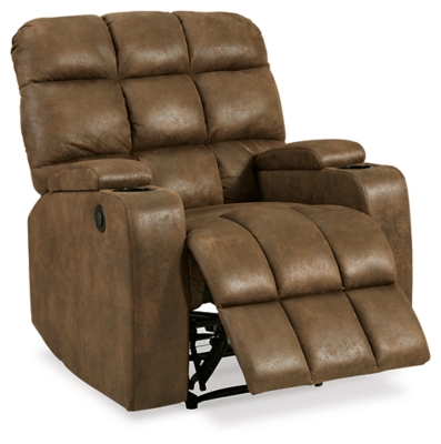 Whether it's Friday movie nights or Sunday afternoon football that moves you, the Kennebec biscuit back power recliner makes it all that much more enticing from the comfort of your abode. Plushly padded in all the right places, rich brown upholstery is pure delight.Brown upholstery | Hidden storage armrest with cup holder | Power reclining mechanism | Power cord included | Estimated Assembly Time: 15 Minutes