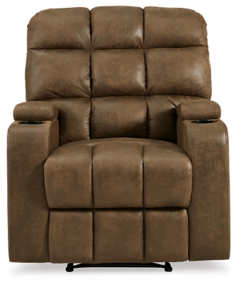 Whether it's Friday movie nights or Sunday afternoon football that moves you, the Kennebec biscuit back power recliner makes it all that much more enticing from the comfort of your abode. Plushly padded in all the right places, rich brown upholstery is pure delight.Brown upholstery | Hidden storage armrest with cup holder | Power reclining mechanism | Power cord included | Estimated Assembly Time: 15 Minutes