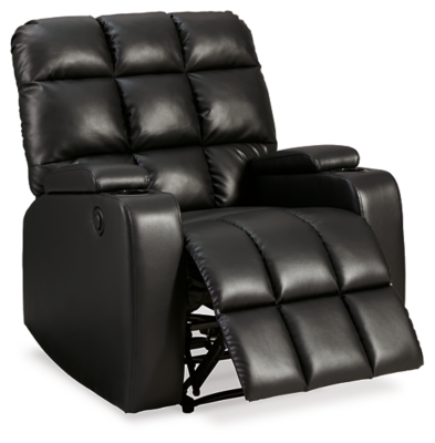 Whether it's Friday movie nights or Sunday afternoon football that moves you, the Kennebec biscuit back power recliner makes it all that much more enticing from the comfort of your abode. Plushly padded in all the right places, striking black upholstery is pure delight.Power recliner | Black upholstery | Power reclining mechanism | Hidden storage armrest with cup holder | Estimated Assembly Time: 15 Minutes