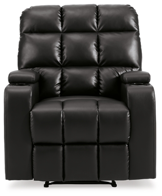 Whether it's Friday movie nights or Sunday afternoon football that moves you, the Kennebec biscuit back power recliner makes it all that much more enticing from the comfort of your abode. Plushly padded in all the right places, striking black upholstery is pure delight.Power recliner | Black upholstery | Power reclining mechanism | Hidden storage armrest with cup holder | Estimated Assembly Time: 15 Minutes