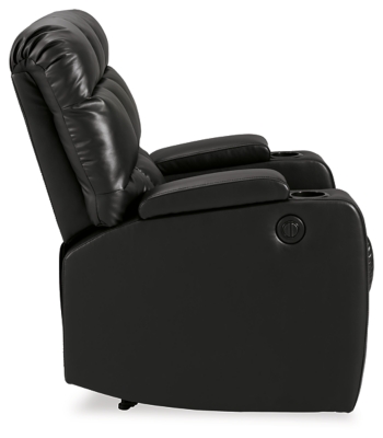 Whether it's Friday movie nights or Sunday afternoon football that moves you, the Kennebec biscuit back power recliner makes it all that much more enticing from the comfort of your abode. Plushly padded in all the right places, striking black upholstery is pure delight.Power recliner | Black upholstery | Power reclining mechanism | Hidden storage armrest with cup holder | Estimated Assembly Time: 15 Minutes