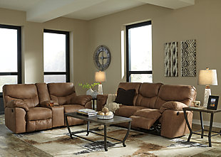 Rock the cool look of leather minus the hefty price tag with the Boxberg power reclining loveseat with console. Rich with tonal variation, the indulgently soft upholstery sure looks like the real thing. And talk about indulgent comfort. Double stuffed armrests and sumptuous cushions cradle and support in all the right places. Distinctive scooped stitching enhances this reclining loveseat’s contemporary flair. Cup holders and hidden storage complete the experience.Dual-sided recliner | One-touch power control with adjustable positions | Corner-blocked frame with metal reinforced seat | Attached cushions | High-resiliency foam cushions wrapped in thick poly fiber | Polyester/polyurethane upholstery | Lift-top console with 2 cup holders | Power cord included; UL listed | Excluded from promotional discounts and coupons