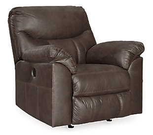 Rock the cool look of leather minus the hefty price tag with the Boxberg rocker recliner with power. Rich with tonal variation, the indulgently soft upholstery sure looks like the real thing. And talk about indulgent comfort. Double stuffed armrests and sumptuous cushions cradle and support in all the right places. The recliner’s distinctive scooped stitching adds contemporary flair.Gentle rocking motion | One-touch power control with adjustable positions | Corner-blocked frame with metal reinforced seat | Attached cushions | High-resiliency foam cushions wrapped in thick poly fiber | Polyester/polyurethane upholstery | Power cord included; UL listed | Estimated Assembly Time: 15 Minutes