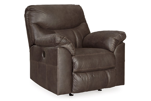 Rock the cool look of leather minus the hefty price tag with the Boxberg rocker recliner with power. Rich with tonal variation, the indulgently soft upholstery sure looks like the real thing. And talk about indulgent comfort. Double stuffed armrests and sumptuous cushions cradle and support in all the right places. The recliner’s distinctive scooped stitching adds contemporary flair.Gentle rocking motion | One-touch power control with adjustable positions | Corner-blocked frame with metal reinforced seat | Attached cushions | High-resiliency foam cushions wrapped in thick poly fiber | Polyester/polyurethane upholstery | Power cord included; UL listed | Estimated Assembly Time: 15 Minutes
