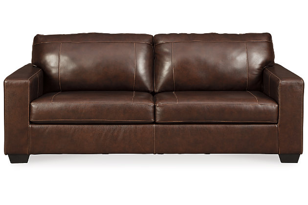 When it comes to style, less is more with the Morelos sofa. Taking minimalism to the max, it wows with a crisp, clean profile, sleek track arms and a simplified 2-over-2 cushion design. Dressed to impress those who demand the best, this ultra-contemporary sofa sports real leather throughout the seating area for incomparable comfort.Corner-blocked frame | Attached back and loose seat cushions | High-resiliency foam cushions wrapped in thick poly fiber | Leather interior upholstery; polyester/vinyl exterior upholstery | Exposed feet with faux wood finish | Platform foundation system resists sagging 3x better than spring system after 20,000 testing cycles by providing more even support | Smooth platform foundation maintains tight, wrinkle-free look without dips or sags that can occur over time with sinuous spring foundations