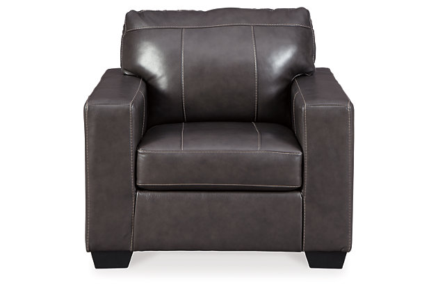 When it comes to style, less is more with the Morelos chair. Taking minimalism to the max, it wows with a crisp, clean profile, sleek track arms and fashion-forward stitching. Dressed to impress those who demand the best, this ultra-contemporary chair sports real leather throughout the seating area for incomparable comfort.Corner-blocked frame | Attached back and loose seat cushions | High-resiliency foam cushions wrapped in thick poly fiber | Leather interior upholstery; polyester/vinyl exterior upholstery | Exposed feet with faux wood finish | Platform foundation system resists sagging 3x better than spring system after 20,000 testing cycles by providing more even support | Smooth platform foundation maintains tight, wrinkle-free look without dips or sags that can occur over time with sinuous spring foundations
