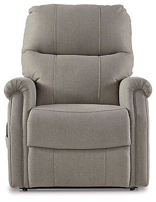 When it comes to exceptional comfort and style, the Markridge power lift recliner is right on the mark. This single motor lift recliner with 40" high back design has you covered from head to toe. Richly neutral, feel-good fabric is sure to blend beautifully in your space. Clean, transitional styling looks equally at home alongside contemporary and traditional decor.One-touch (hand control) power button with adjustable positions | Corner-blocked frame with metal reinforced seat | Attached cushions | 40" high back | High-resiliency foam cushions wrapped in thick poly fiber | Single-motor lift | Polyester/nylon/cotton upholstery | Power cord included; UL Listed | Estimated Assembly Time: 15 Minutes