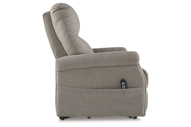 When it comes to exceptional comfort and style, the Markridge power lift recliner is right on the mark. This single motor lift recliner with 40" high back design has you covered from head to toe. Richly neutral, feel-good fabric is sure to blend beautifully in your space. Clean, transitional styling looks equally at home alongside contemporary and traditional decor.One-touch (hand control) power button with adjustable positions | Corner-blocked frame with metal reinforced seat | Attached cushions | 40" high back | High-resiliency foam cushions wrapped in thick poly fiber | Single-motor lift | Polyester/nylon/cotton upholstery | Power cord included; UL Listed | Estimated Assembly Time: 15 Minutes