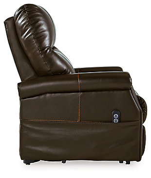 When it comes to exceptional comfort and style, the Markridge power lift recliner is right on the mark. This single motor lift recliner with 40" high back design has you covered from head to toe. Chocolate brown faux leather fabric is sure to blend beautifully in your space. Clean, transitional styling looks equally at home alongside contemporary and traditional decor.One-touch (hand control) power button with adjustable positions | Corner-blocked frame with metal reinforced seat | Attached cushions | 40" high back | High-resiliency foam cushions wrapped in thick poly fiber | Single-motor lift | Vinyl/polyester/polyurethane upholstery | Emergency battery backup runs on two 9-volt batteries (not included), in case of power outage | Power cord included; UL Listed | Estimated Assembly Time: 15 Minutes