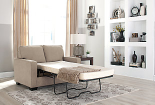 What a fresh awakening in minimalist design. Striking a highly linear pose with track arms and crisp box cushions, the Zeb twin sofa sleeper is beautiful proof that less is more. Wrapped in a richly neutral microfiber upholstery, Zeb includes an upgraded memory foam mattress to make your overnight guests that much more comfortable.Corner-blocked frame | Attached back and loose seat cushions | High-resiliency foam cushions wrapped in thick poly fiber | Polyester/nylon upholstery | Exposed feet with faux wood finish | Included bi-fold twin memory foam mattress sits atop a supportive steel frame | Memory foam provides better airflow for a cooler night’s sleep | Memory foam encased in damask ticking | Excluded from promotional discounts and coupons