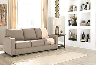 What a fresh awakening in minimalist design. Striking a highly linear pose with track arms and crisp box cushions, the Zeb queen sofa sleeper is beautiful proof that less is more. Wrapped in a richly neutral microfiber upholstery, Zeb includes an upgraded memory foam mattress to make your overnight guests that much more comfortable.Corner-blocked frame | Attached back and loose seat cushions | High-resiliency foam cushions wrapped in thick poly fiber | Polyester/nylon upholstery | Exposed feet with faux wood finish | Included bi-fold queen memory foam mattress sits atop a supportive steel frame | Memory foam provides better airflow for a cooler night’s sleep | Memory foam encased in damask ticking | Excluded from promotional discounts and coupons