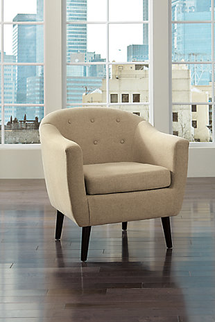 With its angular legs, button tufting and tailored flair, Klorey accent chair is clearly inspired by the best in mid-century design. The barrel style is as cool and relevant now as it was then. Textural weave of the upholstery so enriches the neutral hue.High-resiliency foam cushions wrapped in thick poly fiber | Polyester upholstery | Exposed legs with faux wood finish | Corner-blocked frame | Tufted back cushion with loose seat cushion | Excluded from promotional discounts and coupons | Estimated Assembly Time: 15 Minutes