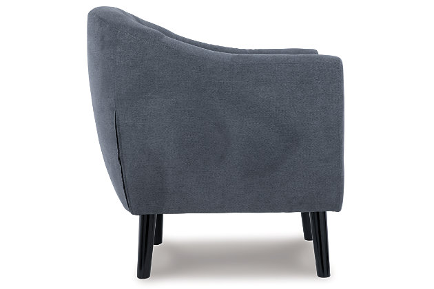 With its angular legs, button tufting and tailored flair, Klorey accent chair is clearly inspired by the best in mid-century design. The barrel style is as cool and relevant now as it was then. Textural weave of the upholstery so enriches the neutral hue.High-resiliency foam cushions wrapped in thick poly fiber | Polyester upholstery | Exposed legs with faux wood finish | Corner-blocked frame | Tufted back cushion with loose seat cushion | Excluded from promotional discounts and coupons | Estimated Assembly Time: 30 Minutes