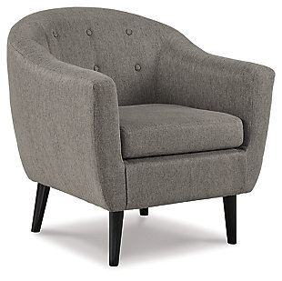 With its angular legs, button tufting and tailored flair, Klorey accent chair is clearly inspired by the best in mid-century design. The barrel style is as cool and relevant now as it was then. Textural weave of the upholstery so enriches the neutral hue.High-resiliency foam cushions wrapped in thick poly fiber | Polyester upholstery | Exposed legs with faux wood finish | Corner-blocked frame | Tufted back cushion with loose seat cushion | Excluded from promotional discounts and coupons | Estimated Assembly Time: 15 Minutes