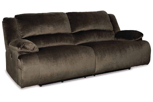 Large-scale comfort is yours with the Clonmel 2-seat reclining power sofa. With supremely padded back, seat and arm cushions, it's the hero for ultimate relaxation. Microfiber upholstery is welcoming, soft and luxuriously covers the extra-wide seats. Recline back and kick up your feet to bolster your comfort level even more.Polyester microfiber upholstery | Dual-sided recliner | Corner-blocked frame with metal reinforced seats | Attached backs and seat cushions | One-touch power controls with adjustable positions | High-resiliency foam cushions wrapped in thick poly fiber | Power cord included; UL Listed | Estimated Assembly Time: 15 Minutes