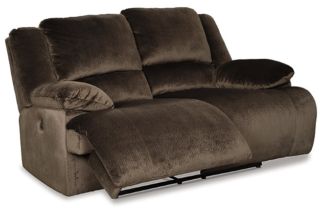 Large-scale comfort is yours with the Clonmel reclining power loveseat. With supremely padded back, seat and arm cushions, it's the hero for ultimate relaxation. Microfiber upholstery is welcoming, soft and luxuriously covers the extra-wide seats. Recline back and kick up your feet to bolster your comfort level even more.Polyester microfiber upholstery | Dual-sided recliner | Corner-blocked frame with metal reinforced seats | Attached backs and seat cushions | One-touch power controls with adjustable positions | High-resiliency foam cushions wrapped in thick poly fiber | Power cord included; UL Listed | Estimated Assembly Time: 15 Minutes