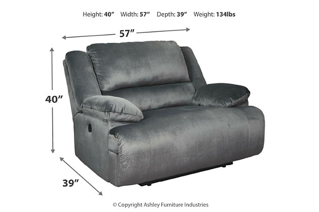-scale comfort is yours with the Clonmel zero wall wide seat power recliner. With supremely padded back, seat and arm cushions, it's the hero for ultimate relaxation. Microfiber upholstery is welcoming, soft and luxuriously covers the extra-wide seat. Recline back and kick up your feet to bolster your comfort level even more.Polyester microfiber upholstery | Corner-blocked frame with metal reinforced seat | Attached back and seat cushion | One-touch power controls with adjustable positions | High-resiliency foam cushions wrapped in thick poly fiber | Pillow top armrests | Power cord included; UL Listed | Estimated Assembly Time: 15 Minutes
