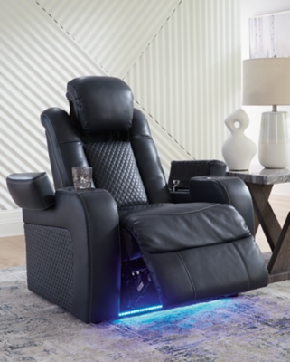 Black power recliner open footrest with blue LED light