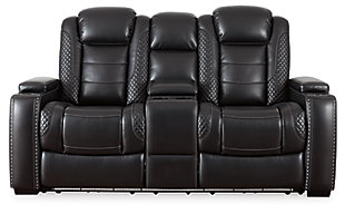 The Party Time power reclining loveseat takes its cue from luxury automobiles with lattice- and cross-hatch stitching, for a richly tailored aesthetic that gives you plenty of reasons to celebrate. Sumptuously padded cushions and dramatic midnight black faux leather upholstery add to the indulgence. When it’s time to rev up the action, the loveseat’s dual reclining bucket seats, Easy View™ power adjustable headrests and center console keep you in the driver’s seat. Ambient blue LED lighting on the base and cup holders completes the theater-style experience.Dual-sided recliner | Polyester/polyurethane upholstery | Corner-blocked frame with metal reinforced seats | Attached backs and seat cushions | High-resiliency foam cushions wrapped in thick poly fiber | One-touch power controls with adjustable positions | Includes USB charging port in each power control | Easy View™ power adjustable headrests | Flip up padded armrests with hidden storage | Center console with cup holders and underneath storage | LED lighting on the base and cup holders for theater-style experience | Power cord included; UL Listed | Estimated Assembly Time: 15 Minutes