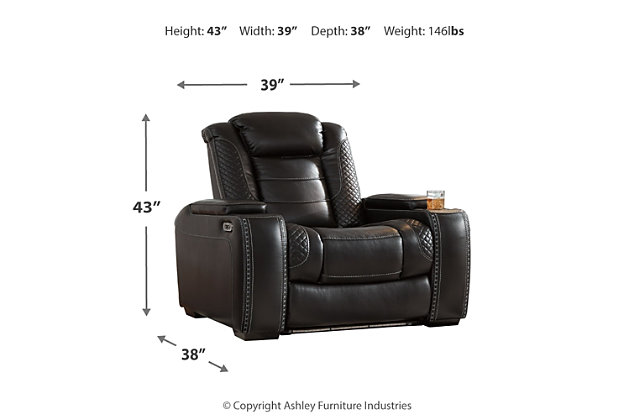 The Party Time power recliner takes its cue from luxury automobiles with lattice- and cross-hatch stitching, for a richly tailored aesthetic that gives you plenty of reasons to celebrate. Sumptuously padded cushions and dramatic midnight black faux leather upholstery add to the indulgence. When it’s time to rev up the action, the recliner’s reclining bucket seat, Easy View™ power adjustable headrest and USB charging port keep you in the driver’s seat.Polyester/polyurethane upholstery | Corner-blocked frame with metal reinforced seat | Attached back and seat cushions | High-resiliency foam cushions wrapped in thick poly fiber | One-touch power control with adjustable positions | Easy View™ power adjustable headrest | Flip up padded armrests with hidden storage | Includes USB charging port in the power control | Ambient blue LED lighting on cup holders and base for a theater-style experience | Power cord included; UL Listed | Estimated Assembly Time: 15 Minutes