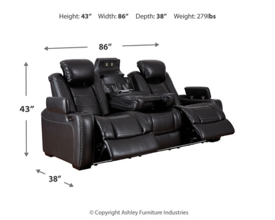 The Party Time power reclining sofa takes its cue from luxury automobiles with lattice- and cross-hatch stitching, for a richly tailored aesthetic that gives you plenty of reasons to celebrate. Sumptuously padded cushions and dramatic midnight black faux leather upholstery add to the indulgence. When it’s time to rev up the action, the sofa’s dual reclining bucket seats (middle seat is stationary), Easy View™ power adjustable headrests and center seat that folds down into a table keep you in the driver’s seat. Dual-sided recliner | One-touch power controls with adjustable positions | Easy View™ power adjustable headrests | Corner-blocked frame with metal reinforced seats | Attached backs and seat cushions | High-resiliency foam cushions wrapped in thick poly fiber | Polyester/polyurethane upholstery | Flip up padded armrests with hidden storage underneath | Drop down table with 2 cup holders and a handy docking station for charging electronics | Includes USB charging port in each power control | Flip up LED light (under center seat headrest) | Ambient blue LED lighting on cup holders and base for a theater-style experience | Power cord included; UL Listed | Estimated Assembly Time: 15 Minutes