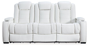 The Party Time power reclining sofa takes its cue from luxury automobiles with lattice and crosshatch stitching, for a richly tailored aesthetic that gives you plenty of reasons to celebrate. Sumptuously padded cushions and crisp white faux leather upholstery add to the indulgence. When it’s time to rev up the action, the dual reclining bucket seats (middle seat stays stationary), Easy View™ power adjustable headrests, LED accent lighting and center seat that folds down into a table keep you in the driver’s seat.Dual-sided recliner | Polyester/polyurethane upholstery | Corner-blocked frame with metal reinforced seat | Attached back and seat cushions | High-resiliency foam cushions wrapped in thick poly fiber | One-touch power control with adjustable positions, Easy View™ adjustable headrest and USB plug-in | LED lighted cup holders; flip up padded armrests with hidden storage | Drop down table with 2 cup holders and a handy docking station for charging electronics | Flip up LED light (under center seat headrest) | Movie theater style base rail LED lighting | Power cord included; UL Listed | Estimated Assembly Time: 15 Minutes
