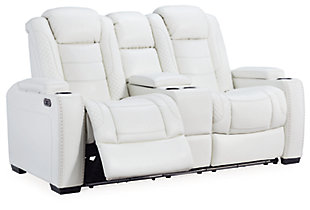 The Party Time power reclining loveseat takes its cue from luxury automobiles with lattice and crosshatch stitching, for a richly tailored aesthetic that gives you plenty of reasons to celebrate. Sumptuously padded cushions and crisp white faux leather upholstery add to the indulgence. When it’s time to rev up the action, the dual reclining bucket seats, Easy View™ power adjustable headrests and center console with docking station keep you in the driver’s seat. Ambient blue LED lighting on the base and cup holders completes the theater-style experience.Dual-sided recliner | Polyester/polyurethane upholstery | Corner-blocked frame with metal reinforced seat | Attached back and seat cushions | High-resiliency foam cushions wrapped in thick poly fiber | One-touch power control with adjustable positions, Easy View™ adjustable headrest and USB plug-in | Flip up padded armrests with hidden storage | Center console with cup holders and underneath storage | LED lighting on cup holders and base for theater-style experience | Power cord included; UL Listed | Estimated Assembly Time: 15 Minutes