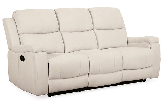 Inspired by penthouse living, the Marwood sofa in “ice” cream upholstery is high-end design made comfortably affordable. Striking a pose with a clean, boxy profile softened by bustle back styling, this sumptuous seat sports hidden cup holders for an ultra-modern twist.Dual-sided recliner; middle seat remains stationary | Cream upholstery | Pop-out cup holder | Pull tab reclining motion | Estimated Assembly Time: 15 Minutes