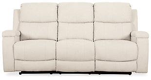 Inspired by penthouse living, the Marwood sofa in “ice” cream upholstery is high-end design made comfortably affordable. Striking a pose with a clean, boxy profile softened by bustle back styling, this sumptuous seat sports hidden cup holders for an ultra-modern twist.Dual-sided recliner; middle seat remains stationary | Cream upholstery | Pop-out cup holder | Pull tab reclining motion | Estimated Assembly Time: 15 Minutes