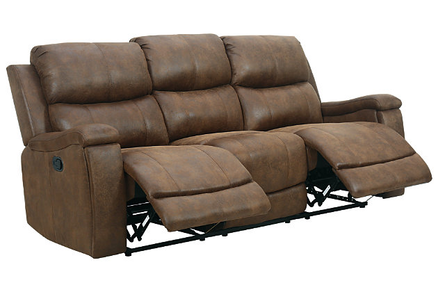 Inspired by penthouse living, the Marwood sofa in brown upholstery is high-end design made comfortably affordable. Striking a pose with a clean, boxy profile softened by bustle back styling, this sumptuous seat sports hidden cup holders for an ultra-modern twist.Dual-sided recliner; middle seat remains stationary | Brown upholstery | Pop-out cup holder | Pull tab reclining motion | Estimated Assembly Time: 15 Minutes